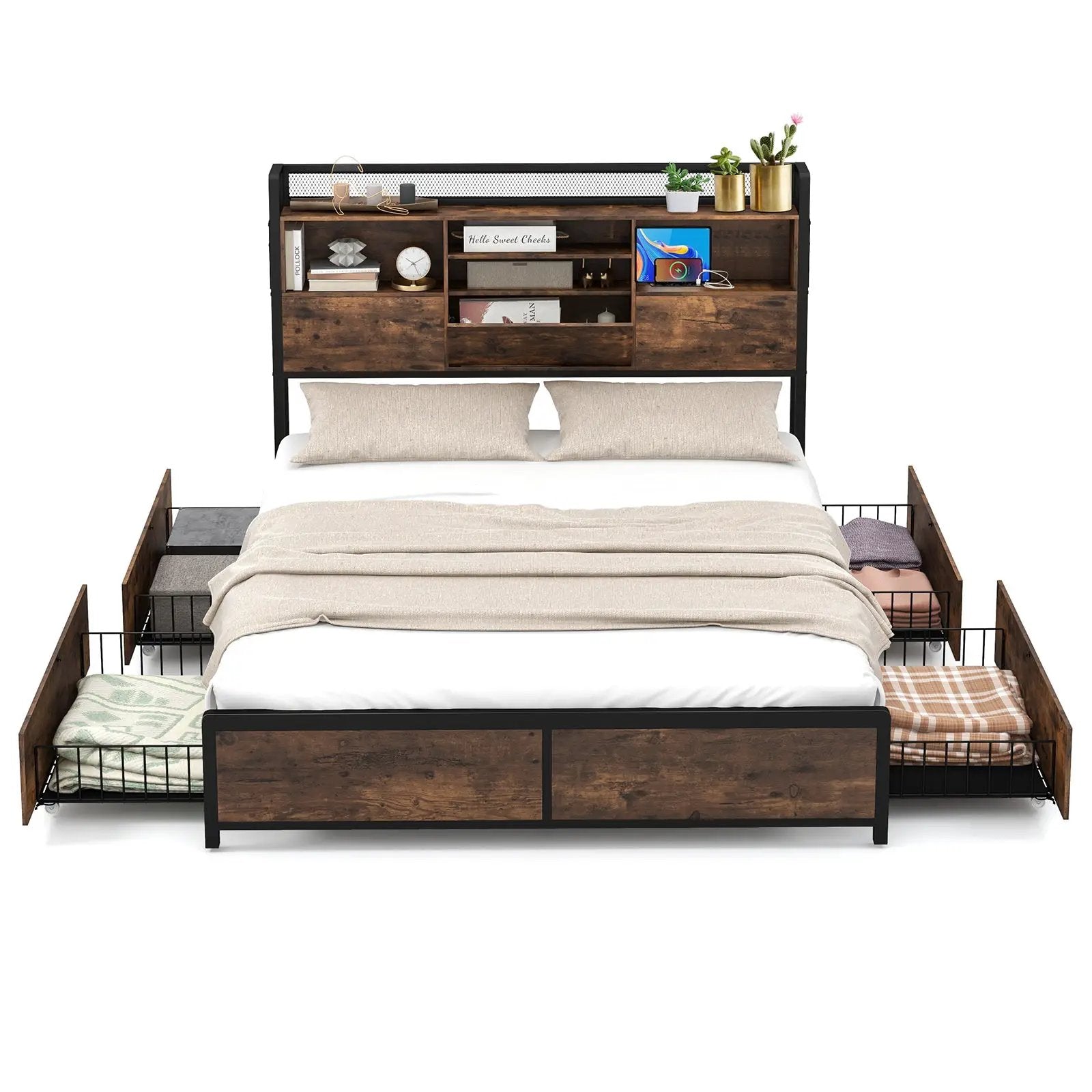 Full/Queen Size Bed Frame with Bookcase Headboard and 4 Storage Drawers by DirectDeals