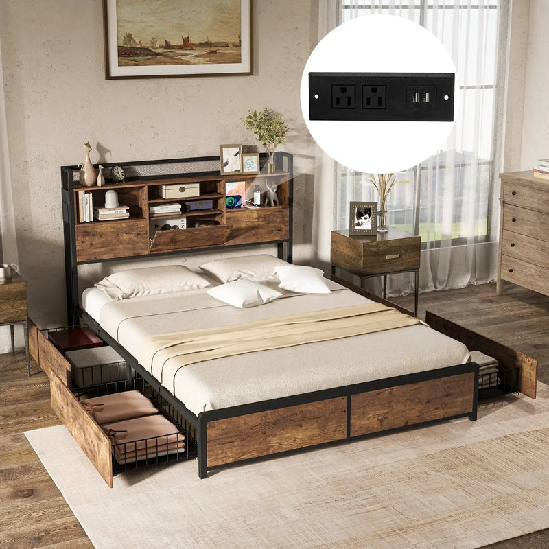 Full/Queen Size Bed Frame with Bookcase Headboard and 4 Storage Drawers by DirectDeals