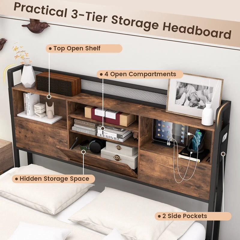 Full/Queen Size Bed Frame with Bookcase Headboard and 4 Storage Drawers by DirectDeals