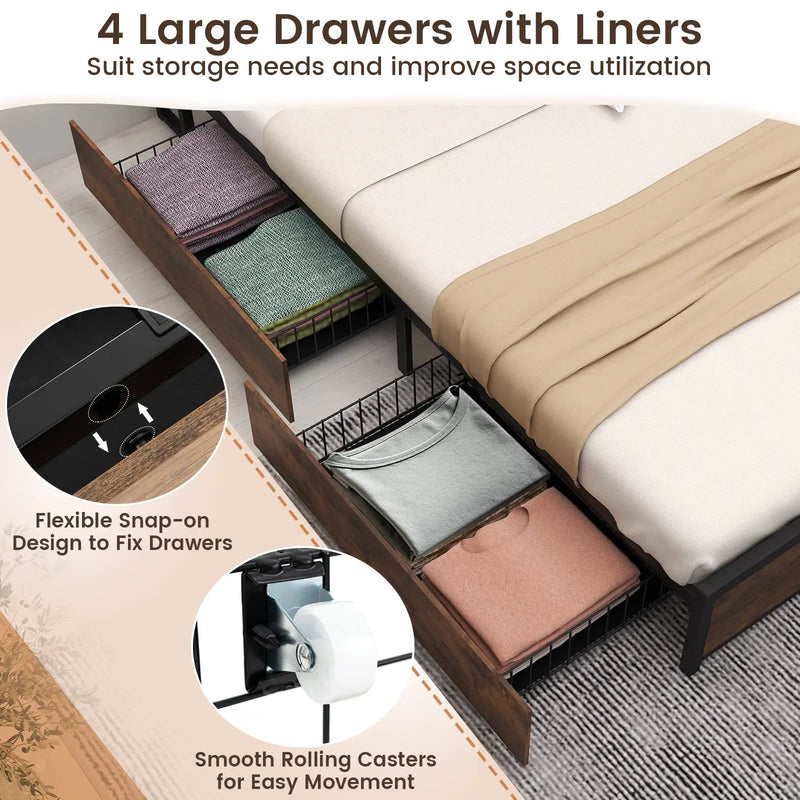 Full/Queen Size Bed Frame with Bookcase Headboard and 4 Storage Drawers by DirectDeals