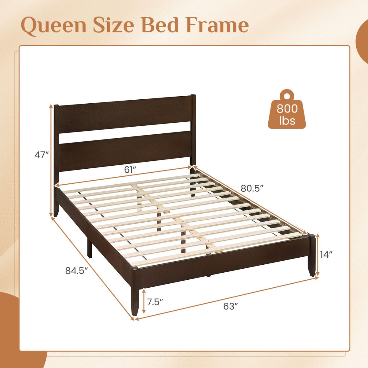 Queen Bed Frame with Headboard and Solid Wood Legs, photo 12 of 16