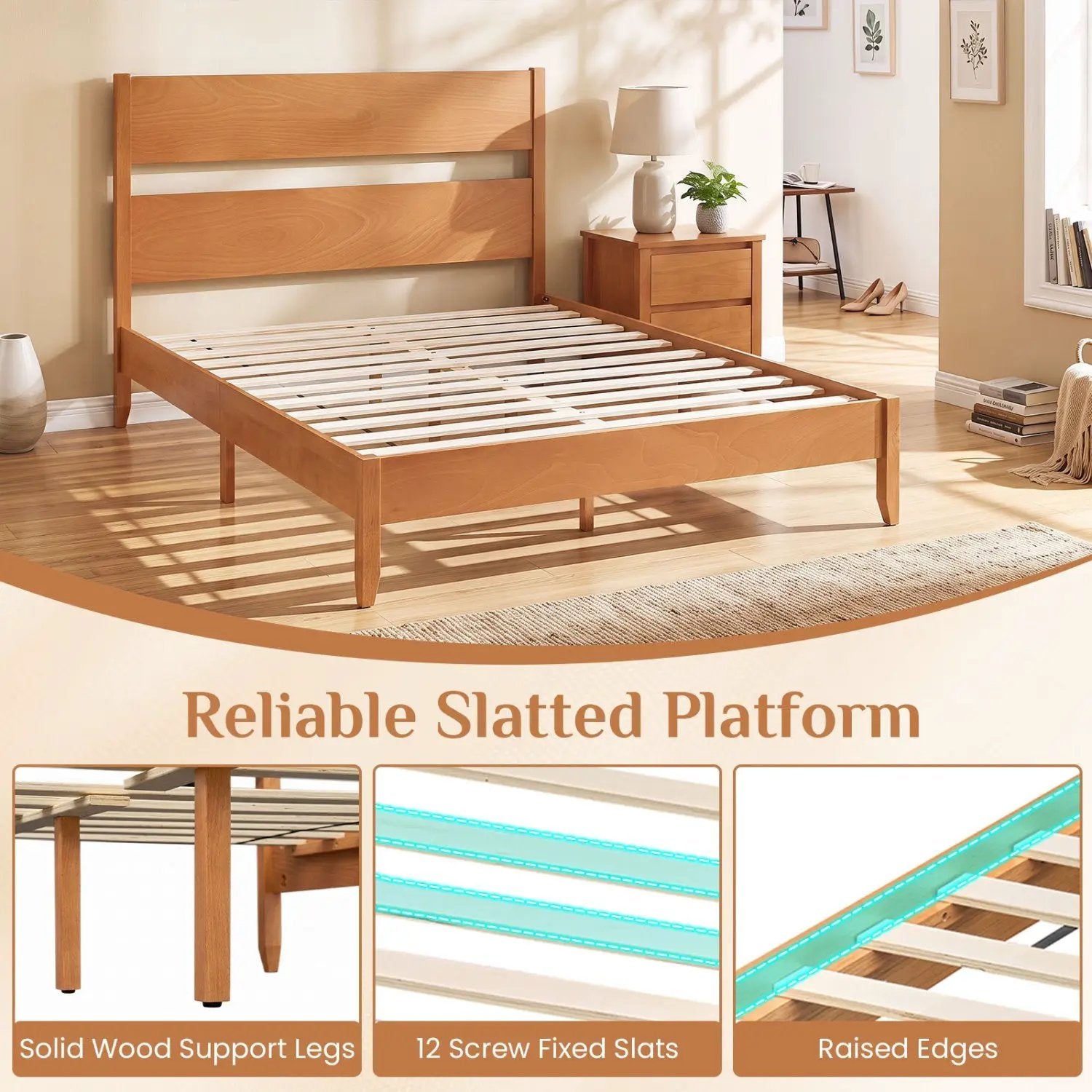 Queen Bed Frame with Headboard and Solid Wood Legs by DirectDeals
