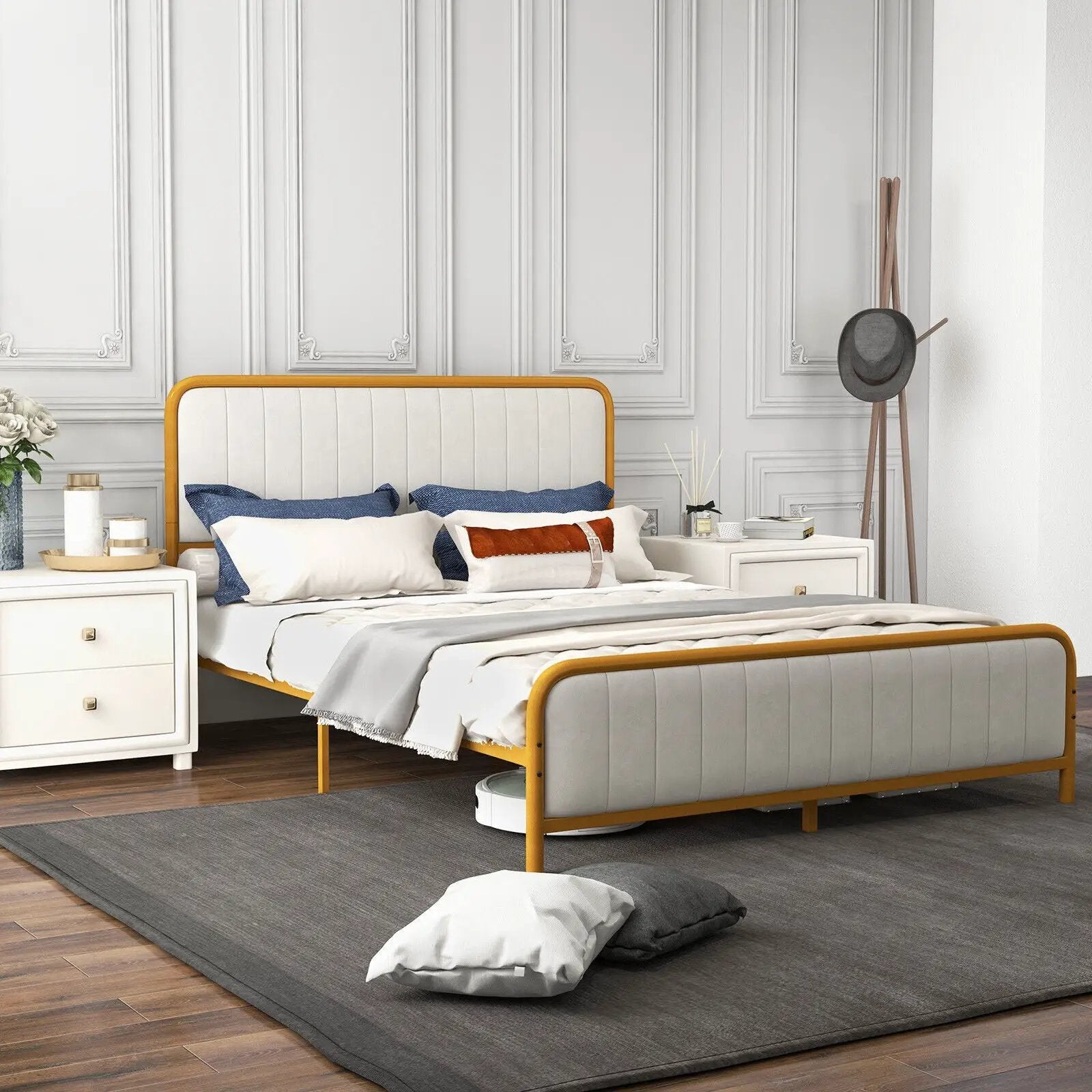 Upholstered Gold Platform Bed Frame with Velvet Headboard by DirectDeals