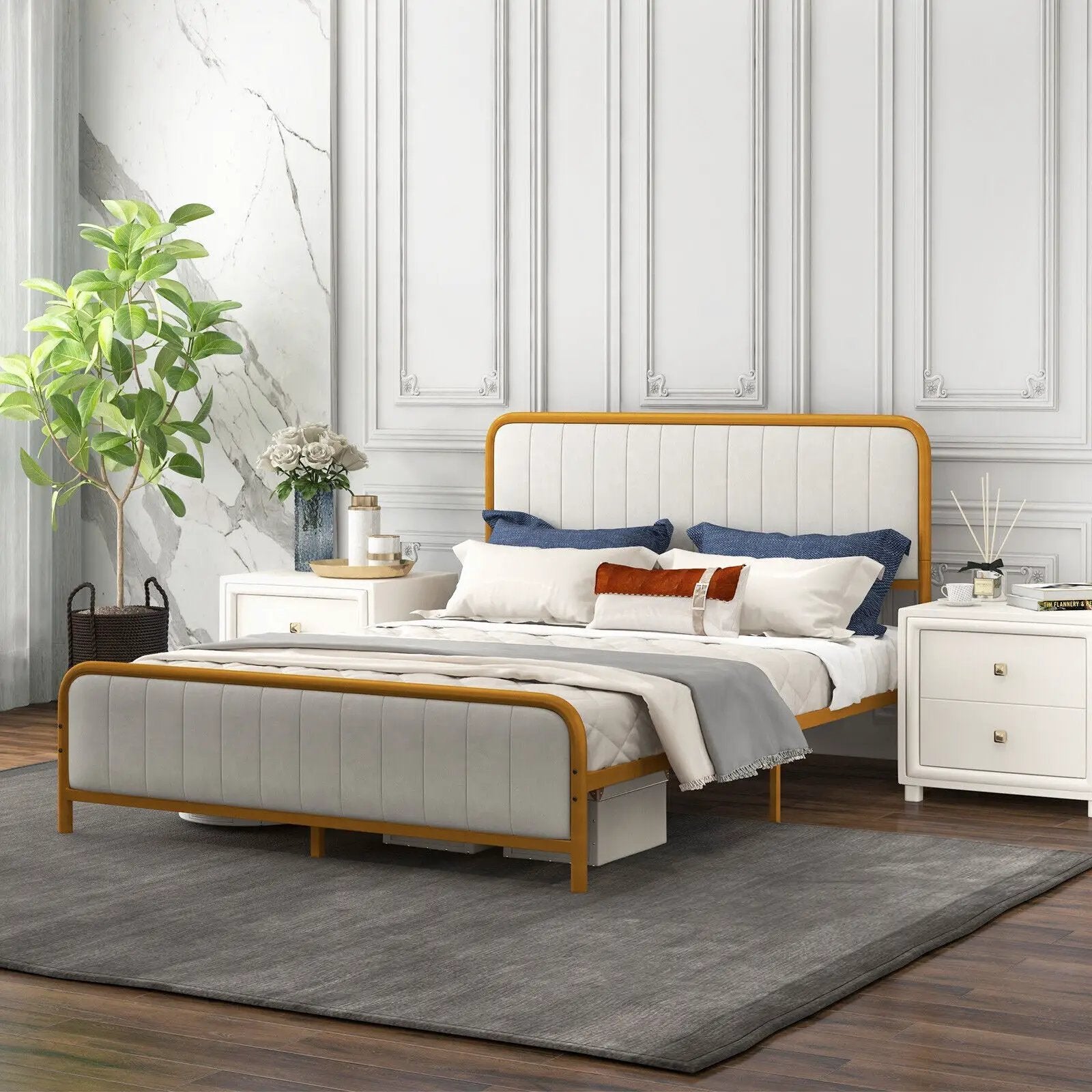 Upholstered Gold Platform Bed Frame with Velvet Headboard by DirectDeals
