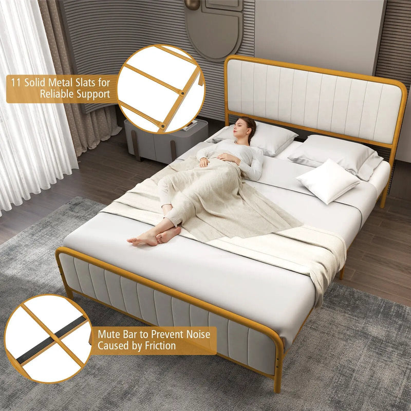 Upholstered Gold Platform Bed Frame with Velvet Headboard by DirectDeals