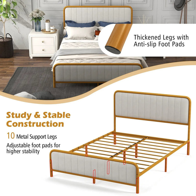 Upholstered Gold Platform Bed Frame with Velvet Headboard by DirectDeals