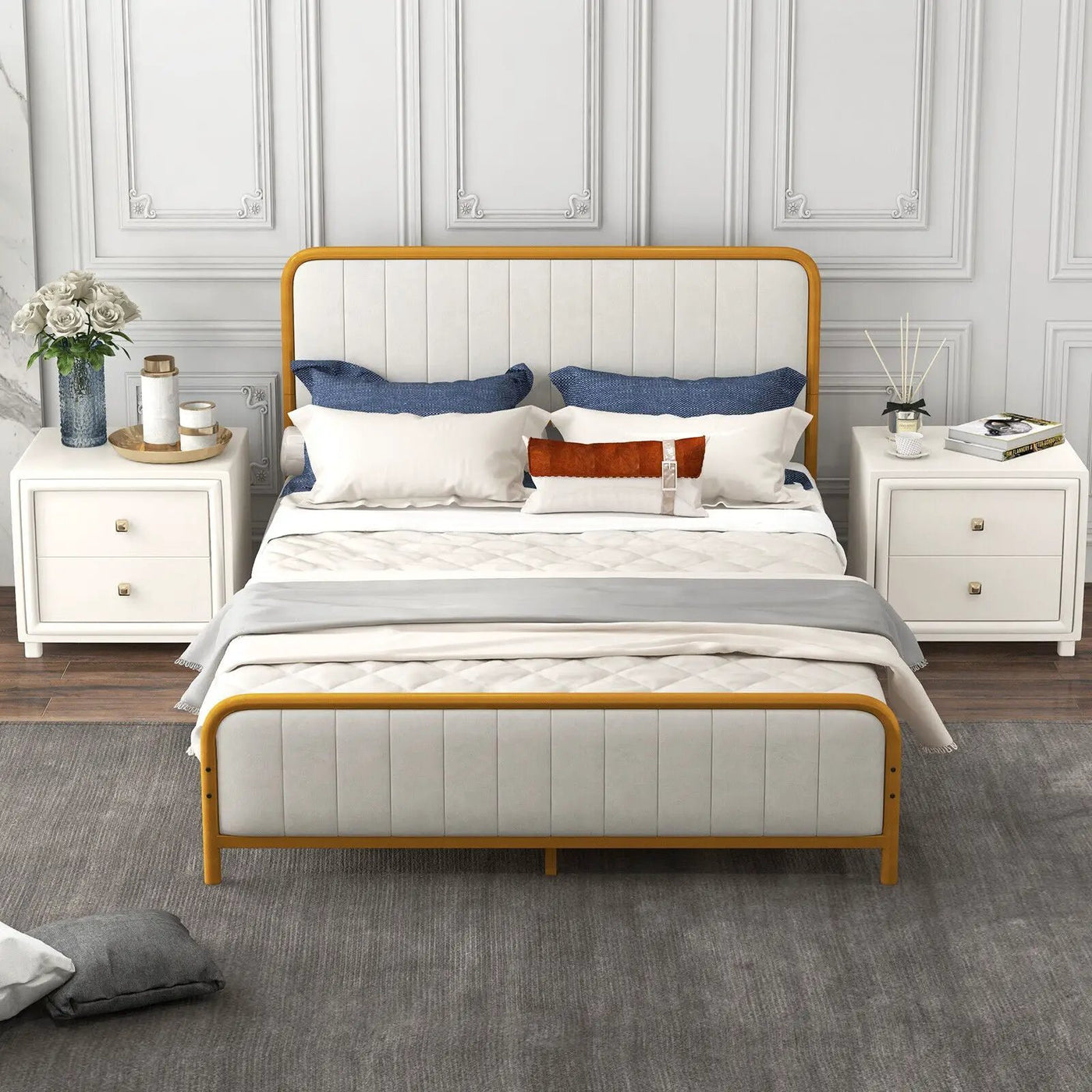 Upholstered Gold Platform Bed Frame with Velvet Headboard by DirectDeals