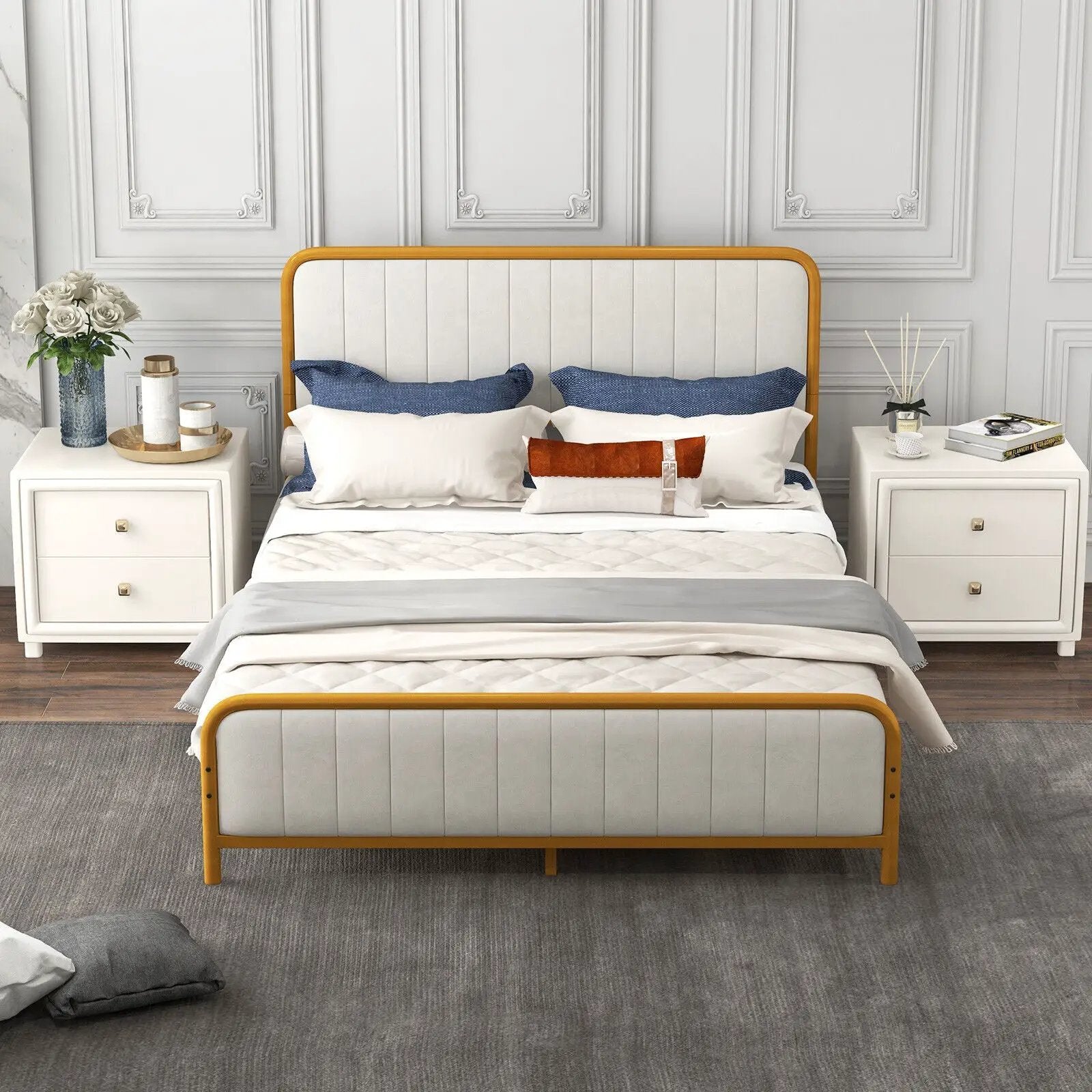 Upholstered Gold Platform Bed Frame with Velvet Headboard by DirectDeals