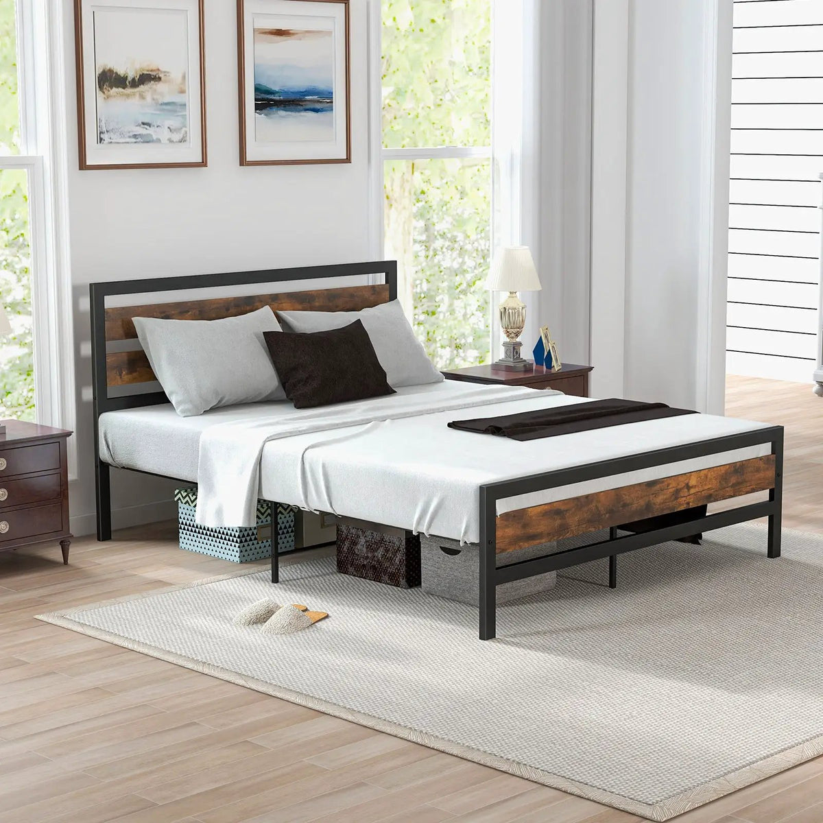 Full/Queen Industrial Bed Frame with Rustic Headboard and Footboard-Queen Size by DirectDeals