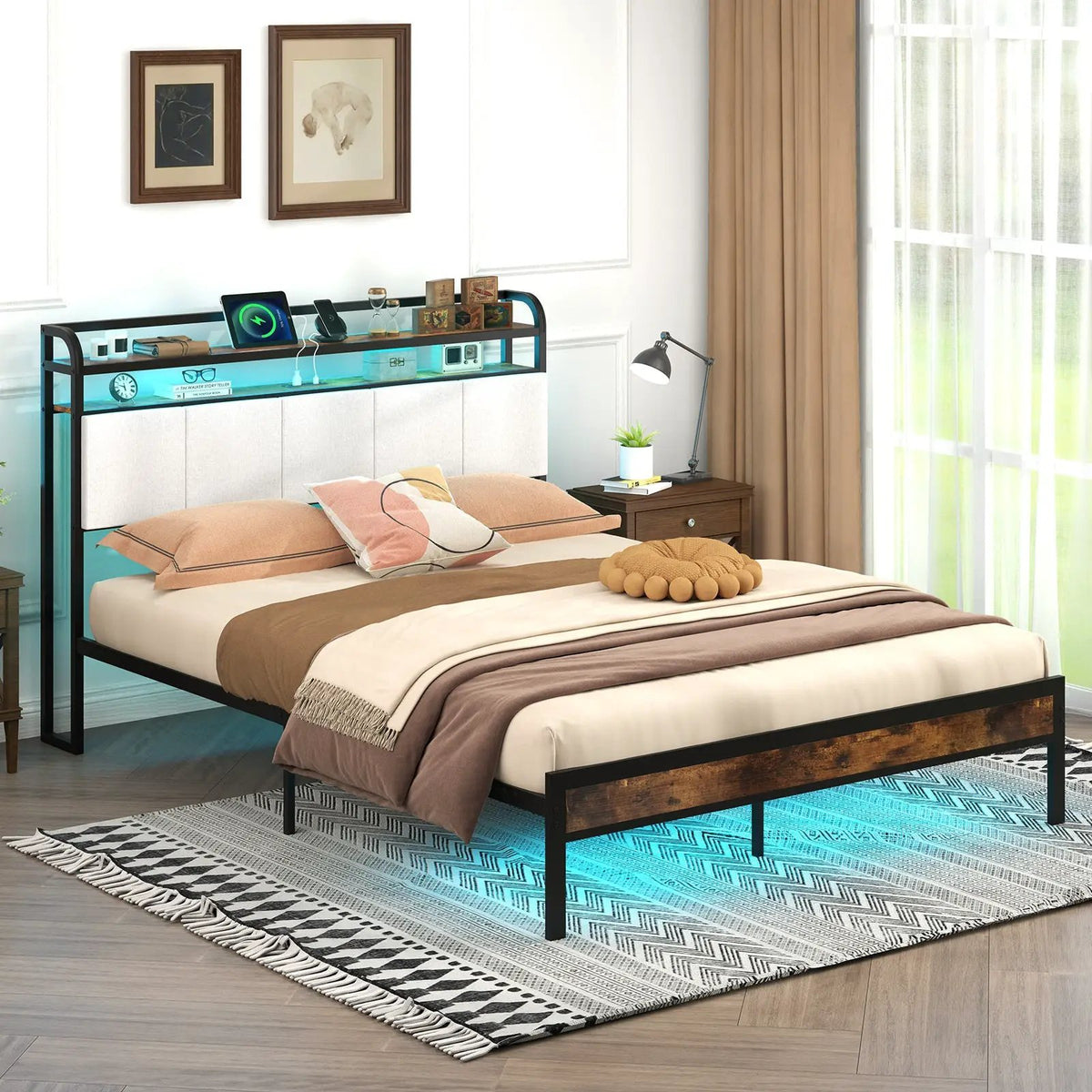 Twin/Full/Queen/King Size Bed Frame with LED Light and Charging Station by DirectDeals