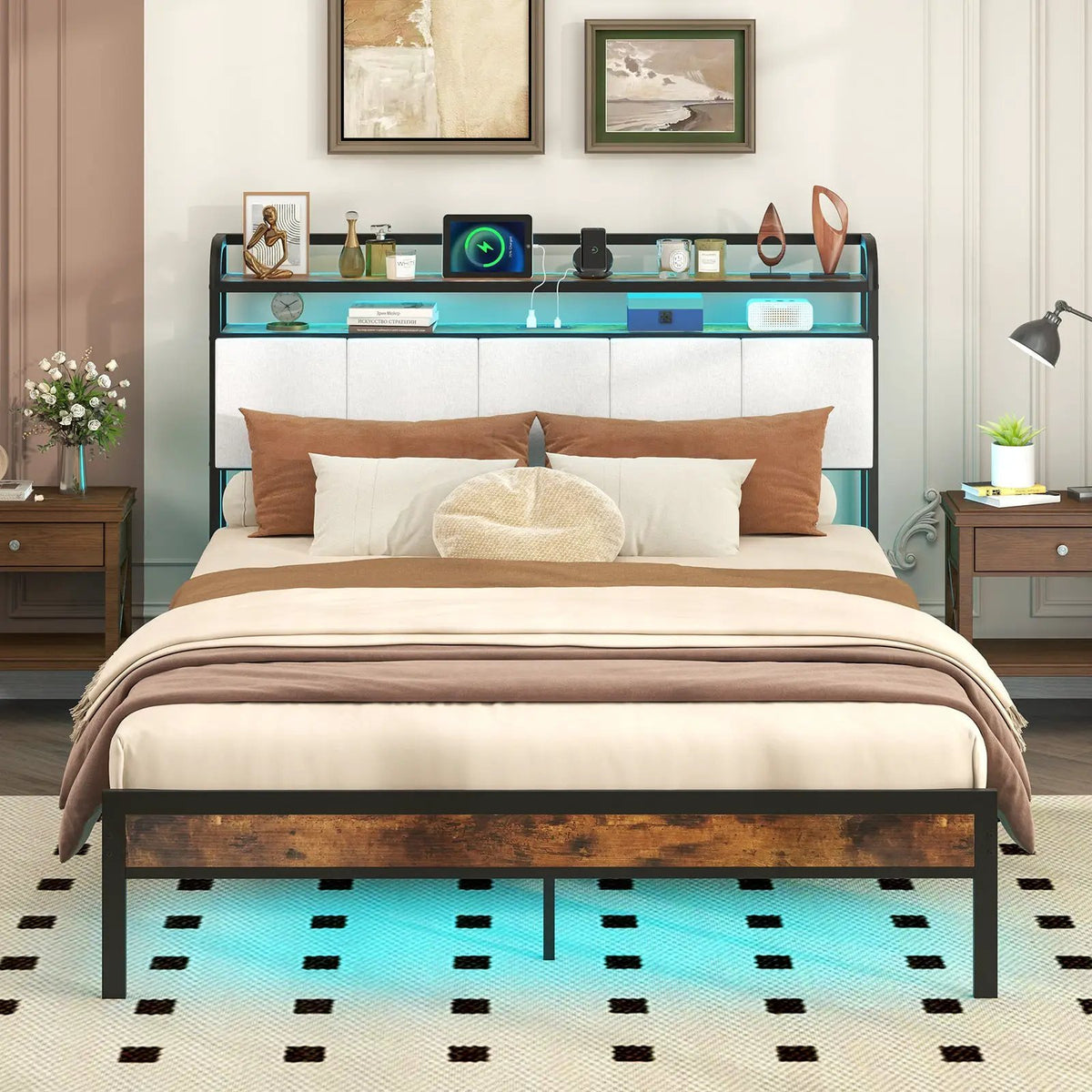 Twin/Full/Queen/King Size Bed Frame with LED Light and Charging Station by DirectDeals
