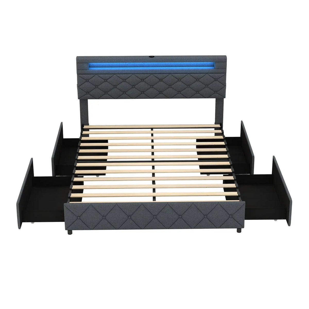 Full/Queen Size Bed Frame with Adjustable Storage Headboard and Wooden Slat Support by DirectDeals