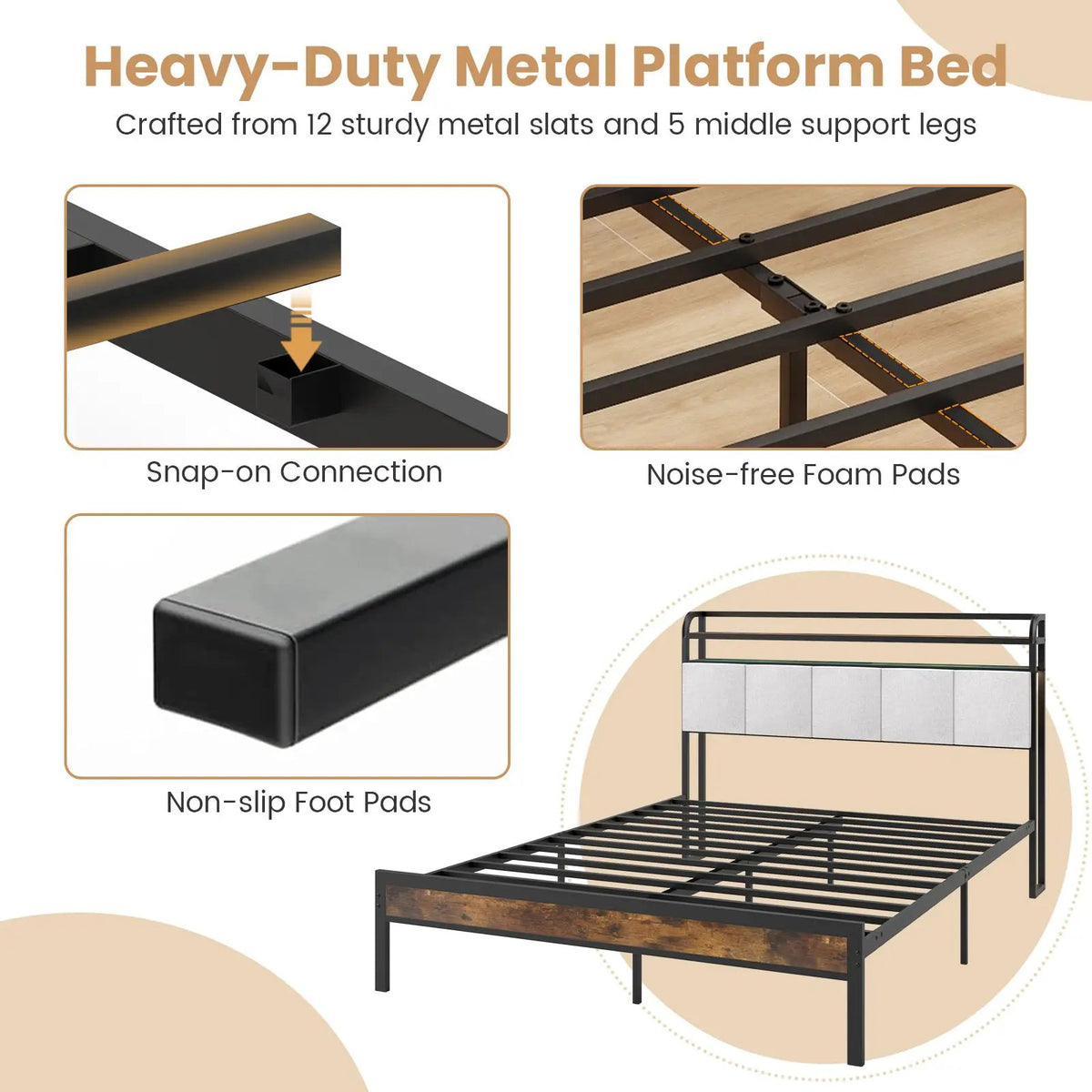Twin/Full/Queen/King Size Bed Frame with LED Light and Charging Station by DirectDeals