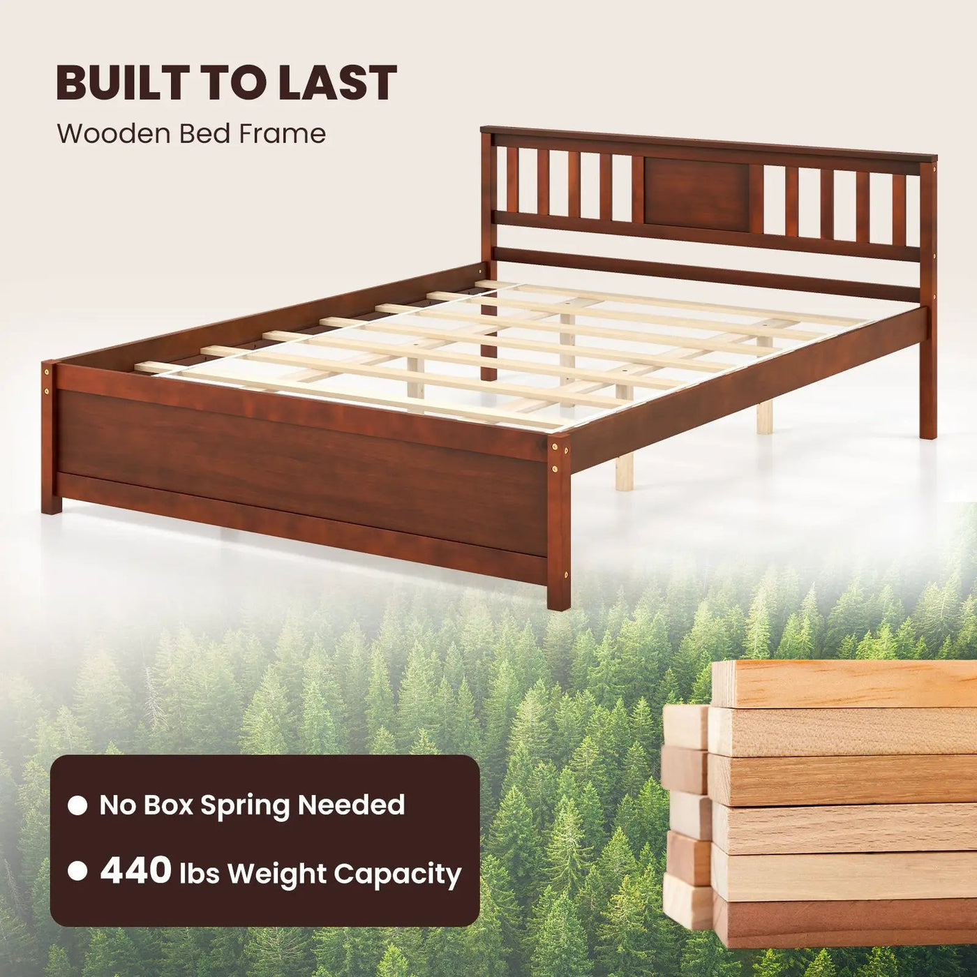 Wooden Platform Bed with Headboard and Slat Support-Queen Size by DirectDeals