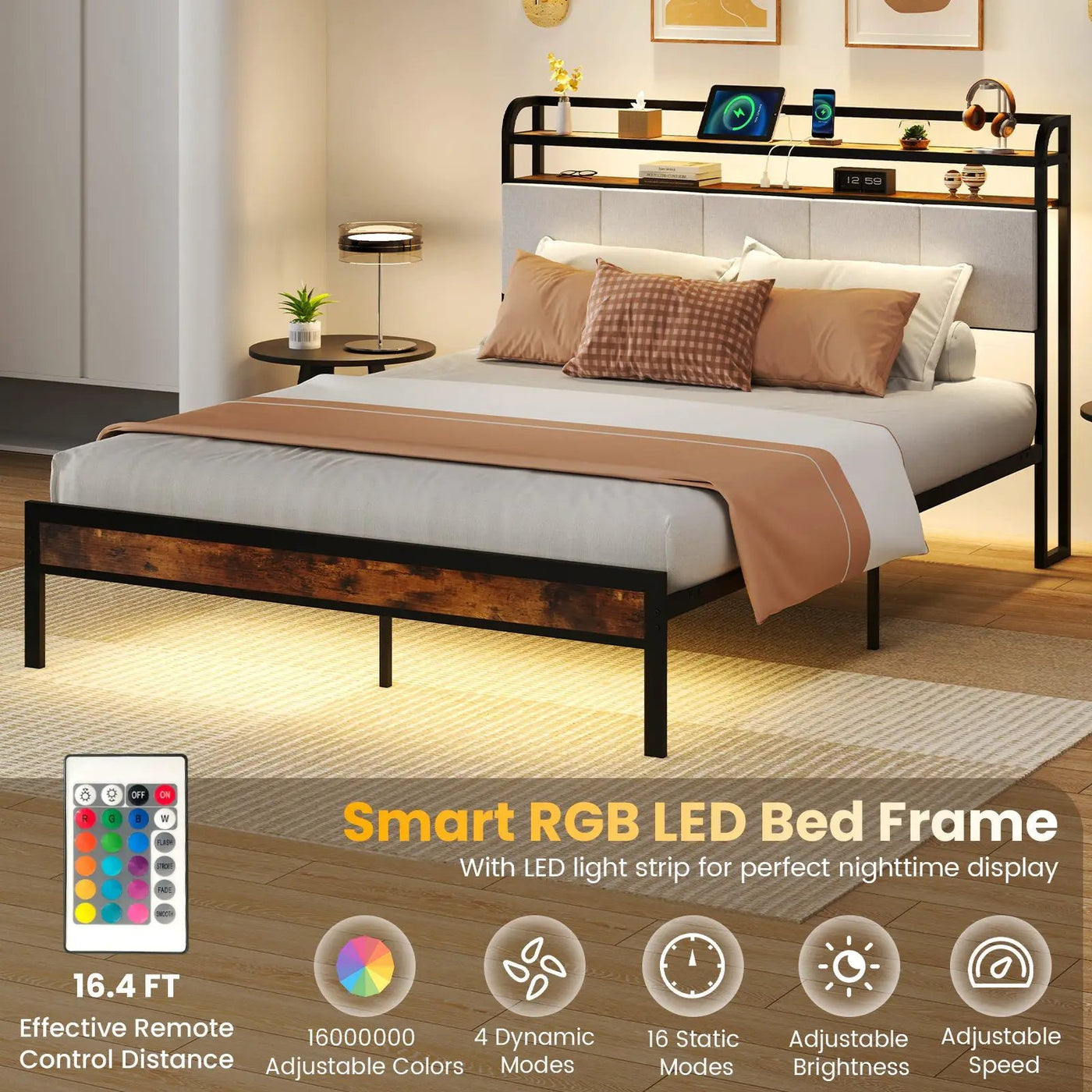 Twin/Full/Queen/King Size Bed Frame with LED Light and Charging Station by DirectDeals