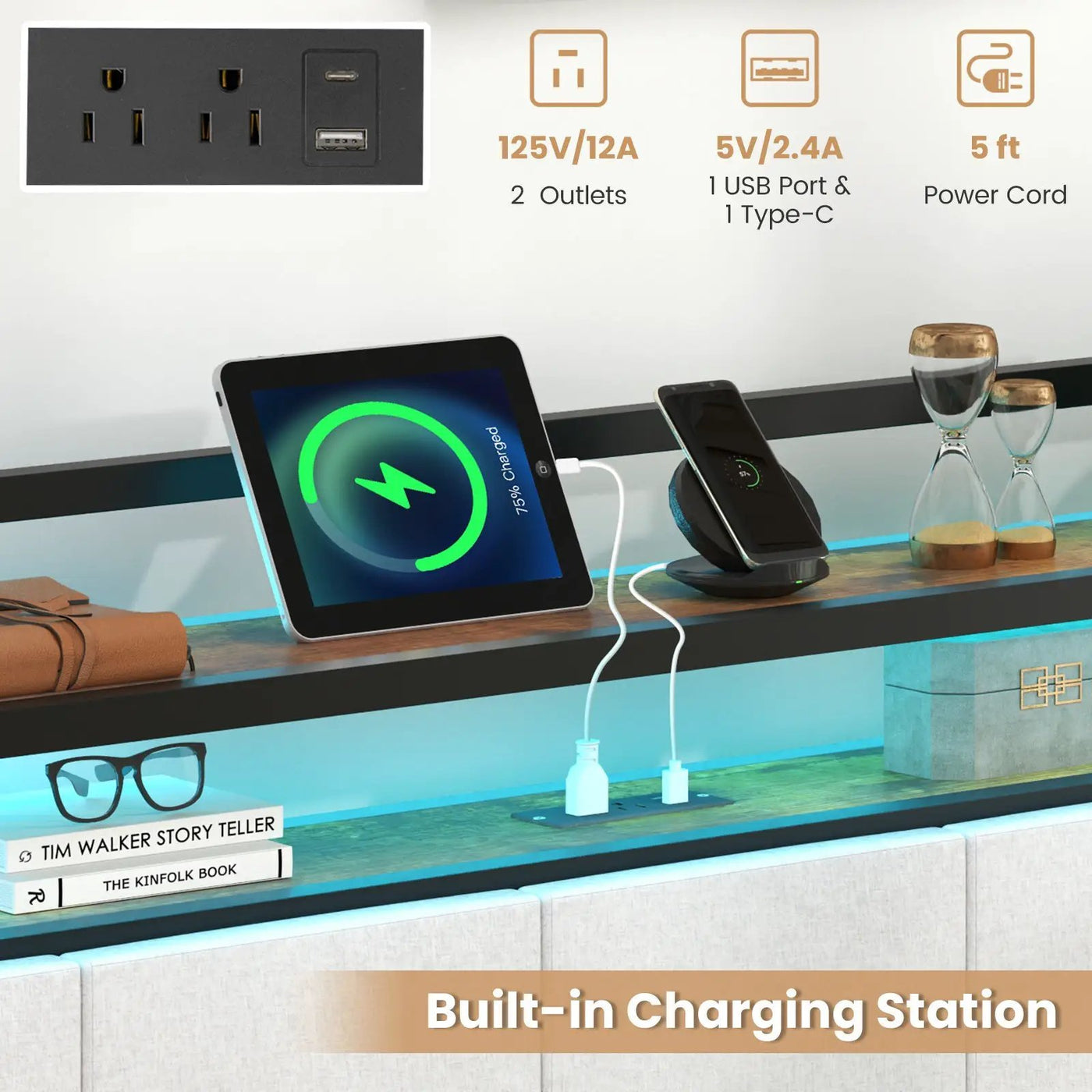Twin/Full/Queen/King Size Bed Frame with LED Light and Charging Station by DirectDeals