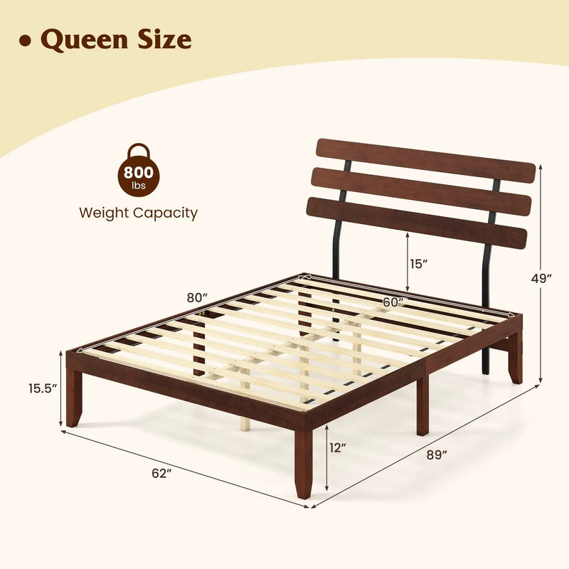 Full Size Bed Frame 15.5 Inch Solid Wood Platform Bed with Retro Headboard by DirectDeals