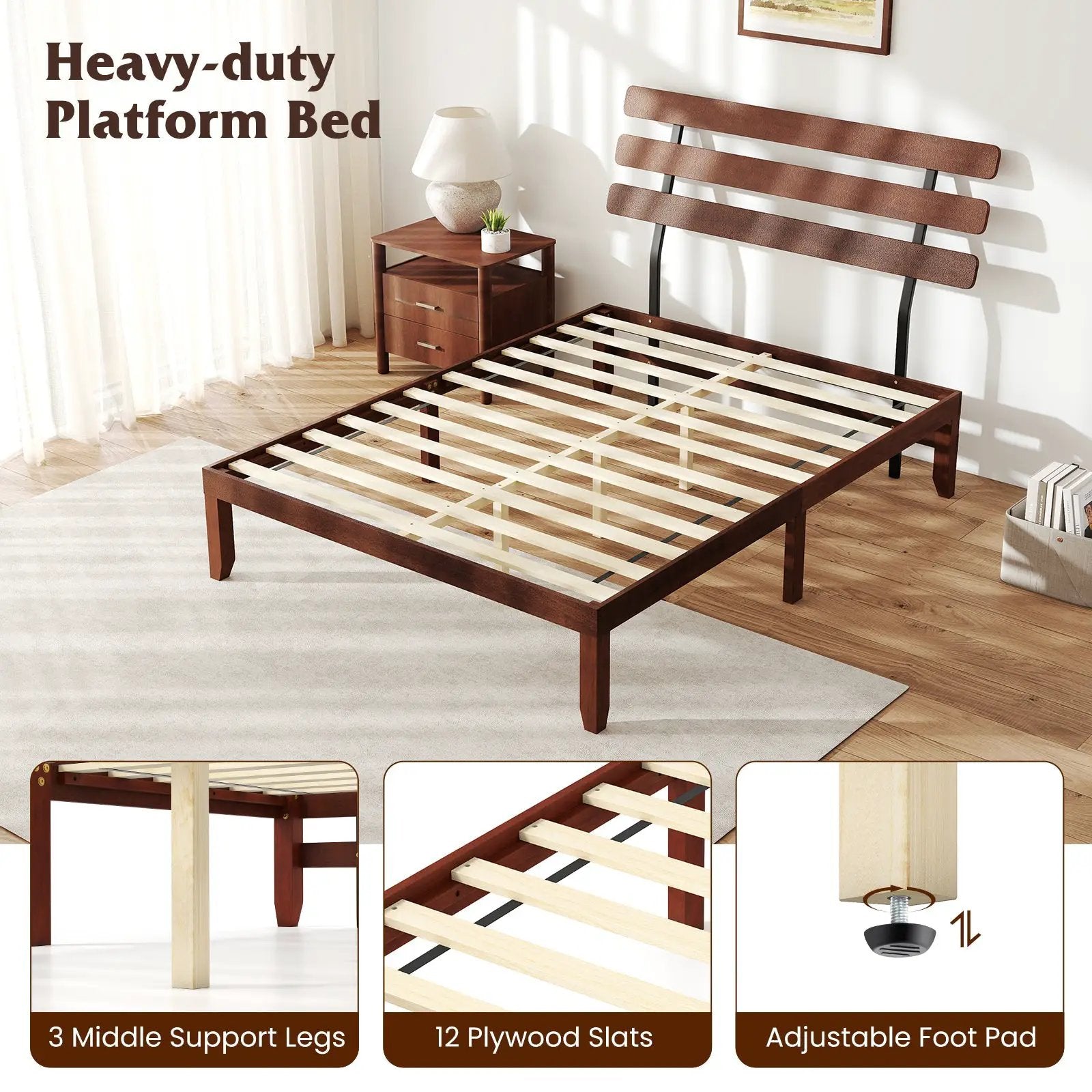 Full Size Bed Frame 15.5 Inch Solid Wood Platform Bed with Retro Headboard by DirectDeals