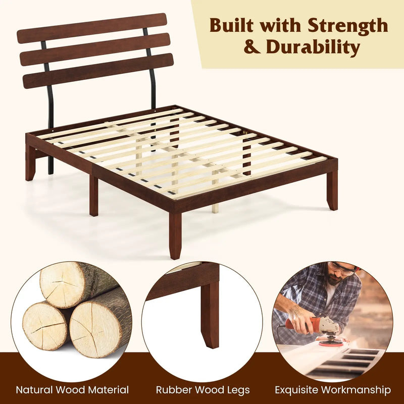 Full Size Bed Frame 15.5 Inch Solid Wood Platform Bed with Retro Headboard by DirectDeals