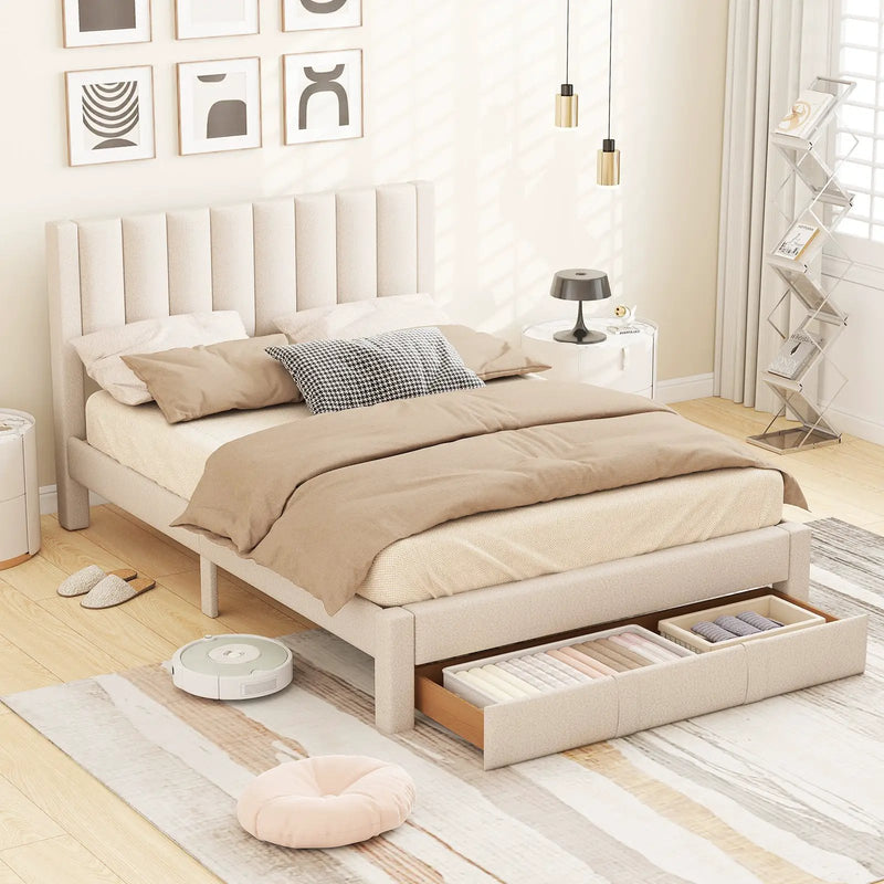 Queen Size Bed Frame with Storage Drawer and Vertical Channel Headboard by DirectDeals