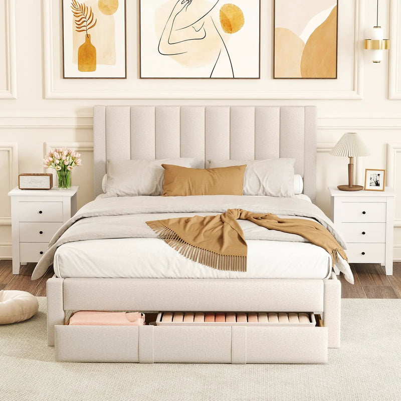Queen Size Bed Frame with Storage Drawer and Vertical Channel Headboard by DirectDeals