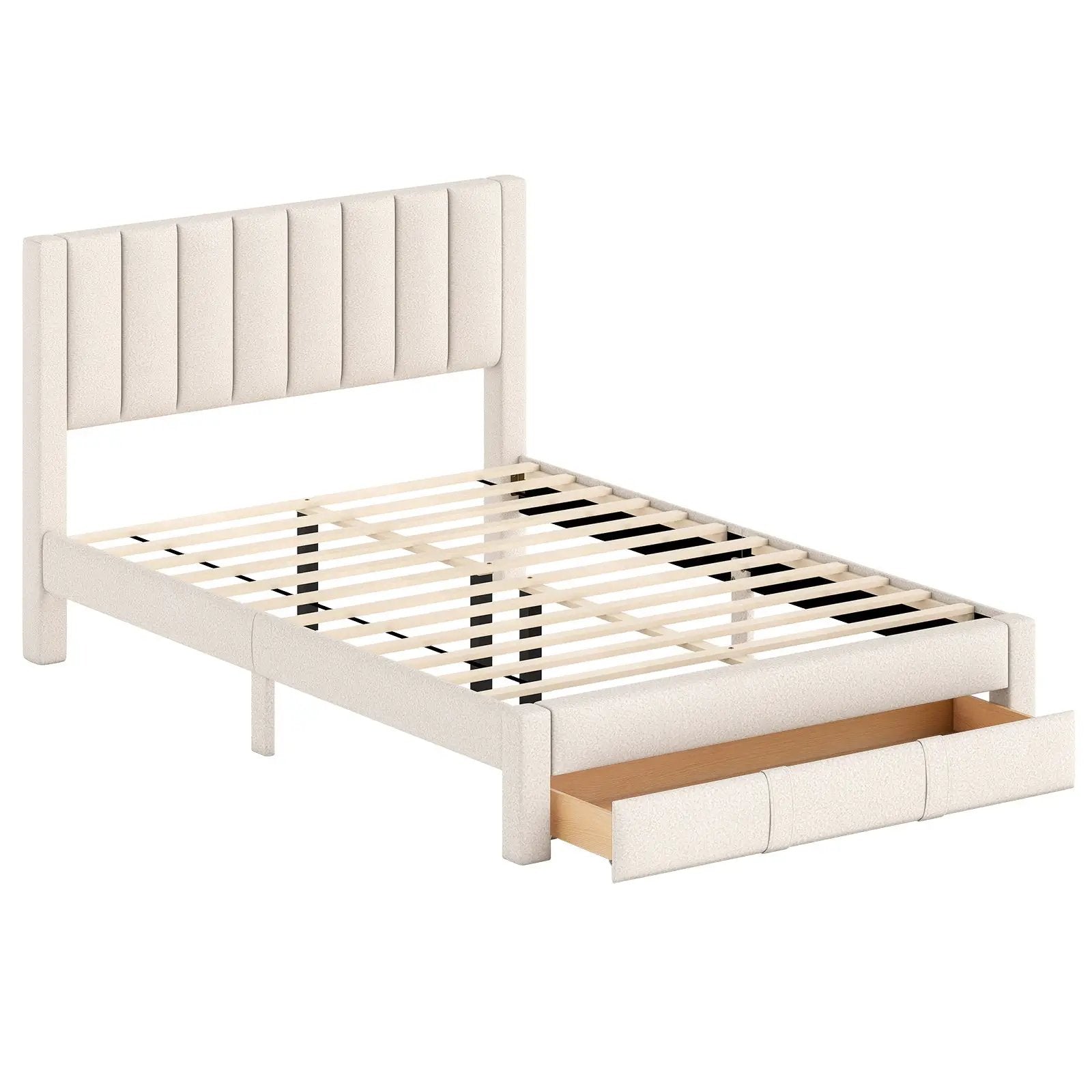Queen Size Bed Frame with Storage Drawer and Vertical Channel Headboard by DirectDeals