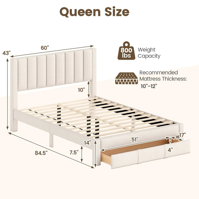 Queen Size Bed Frame with Storage Drawer and Vertical Channel Headboard by DirectDeals