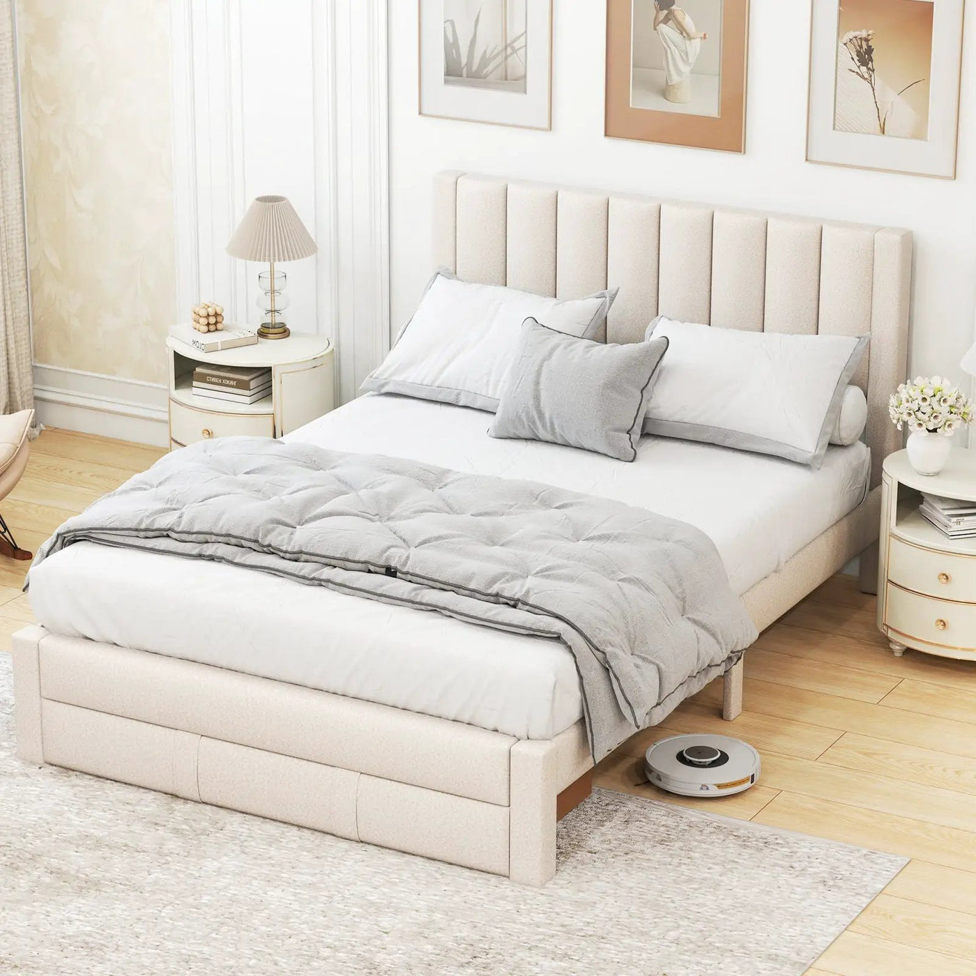 Queen Size Bed Frame with Storage Drawer and Vertical Channel Headboard by DirectDeals