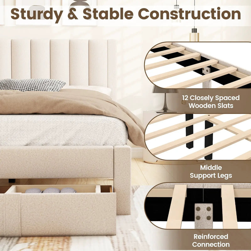 Queen Size Bed Frame with Storage Drawer and Vertical Channel Headboard by DirectDeals