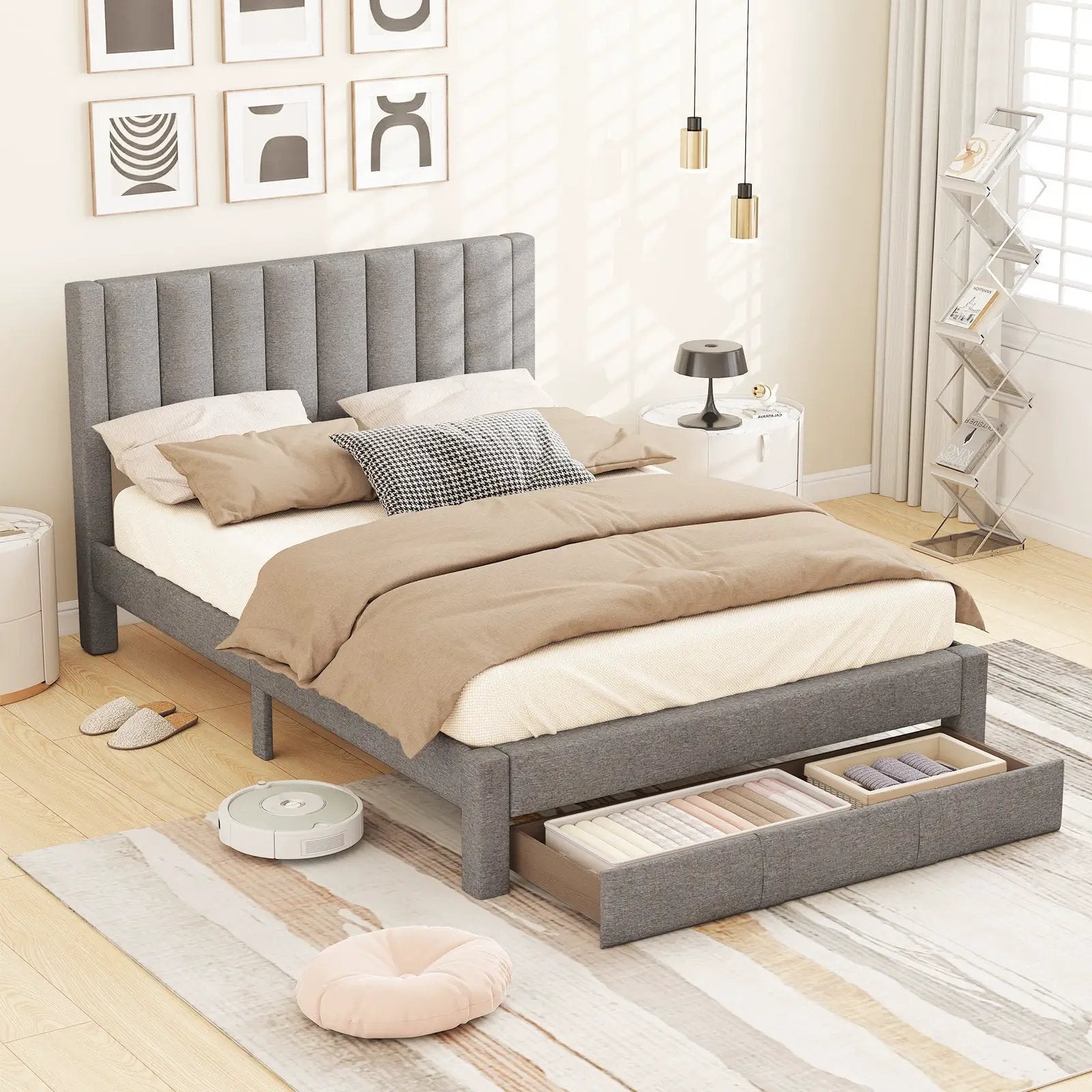 Queen Size Bed Frame with Storage Drawer and Vertical Channel Headboard by DirectDeals