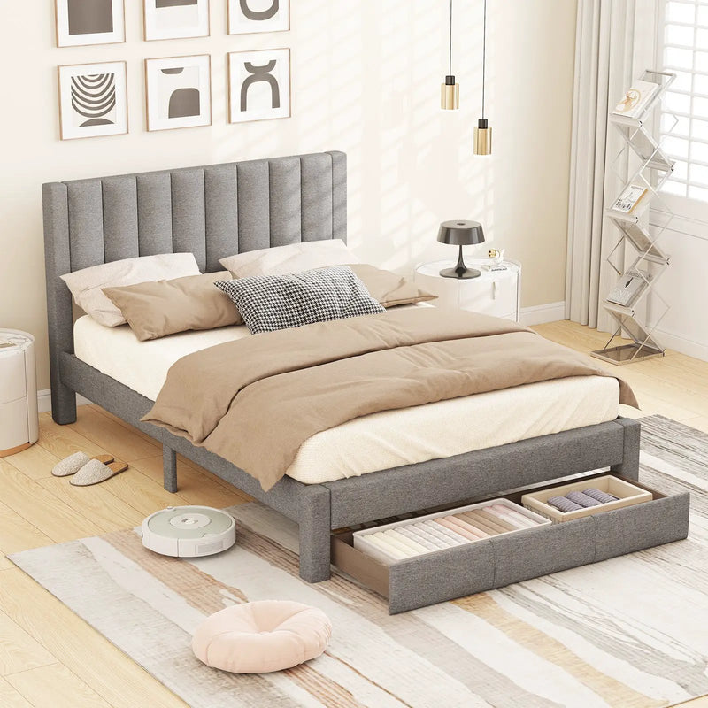 Queen Size Bed Frame with Storage Drawer and Vertical Channel Headboard by DirectDeals