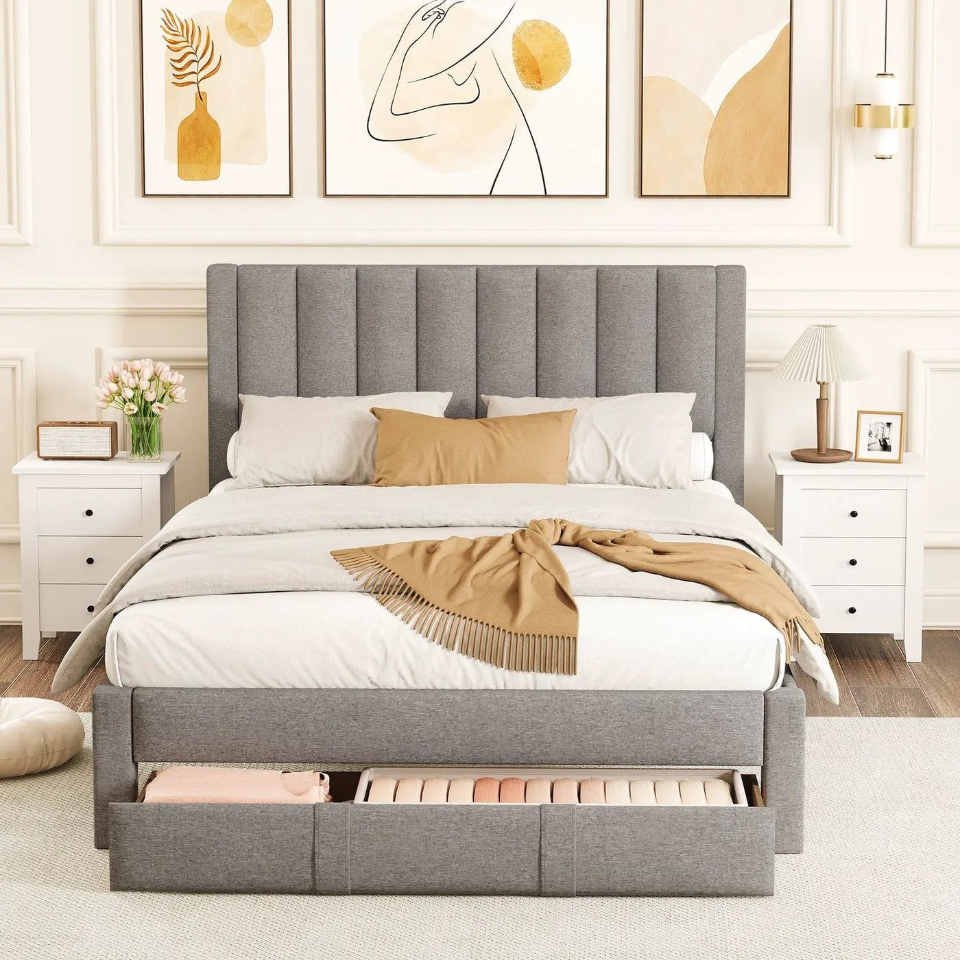 Queen Size Bed Frame with Storage Drawer and Vertical Channel Headboard by DirectDeals