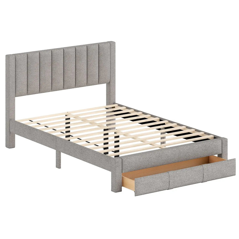 Queen Size Bed Frame with Storage Drawer and Vertical Channel Headboard by DirectDeals