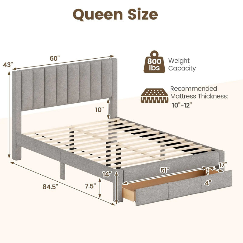 Queen Size Bed Frame with Storage Drawer and Vertical Channel Headboard by DirectDeals
