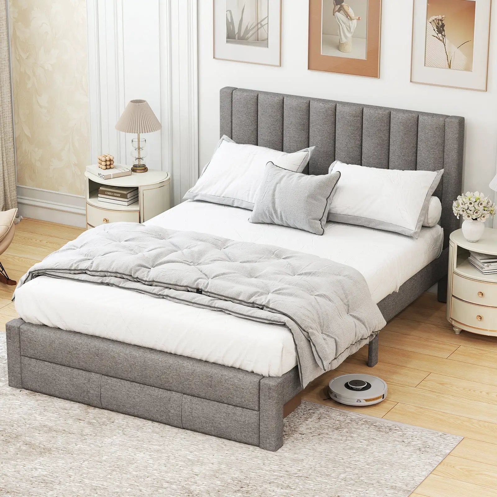 Queen Size Bed Frame with Storage Drawer and Vertical Channel Headboard by DirectDeals