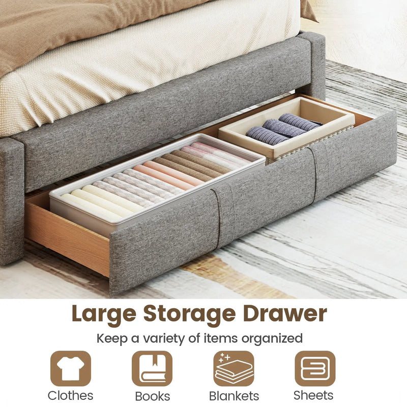 Queen Size Bed Frame with Storage Drawer and Vertical Channel Headboard by DirectDeals