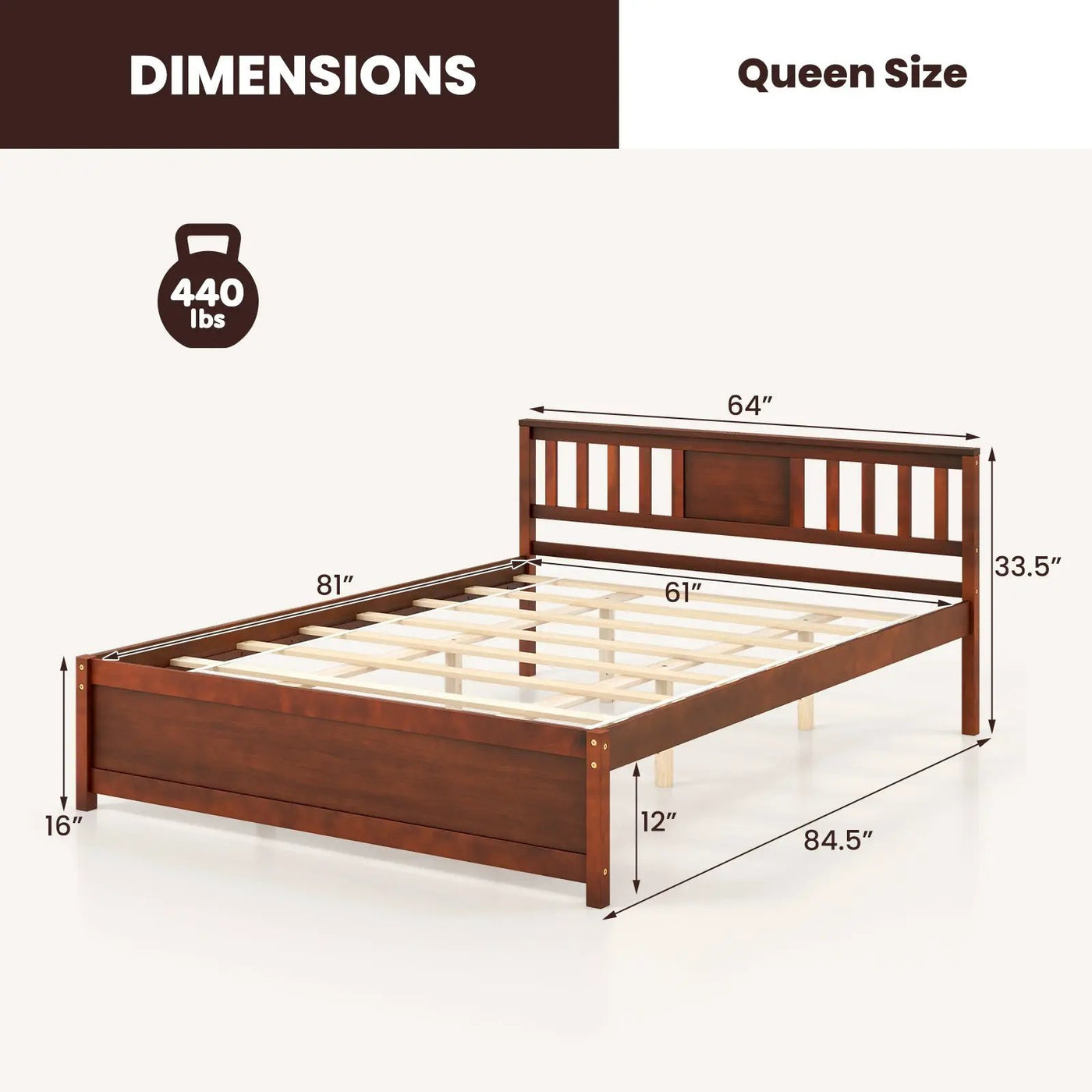 Wooden Platform Bed with Headboard and Slat Support-Queen Size by DirectDeals