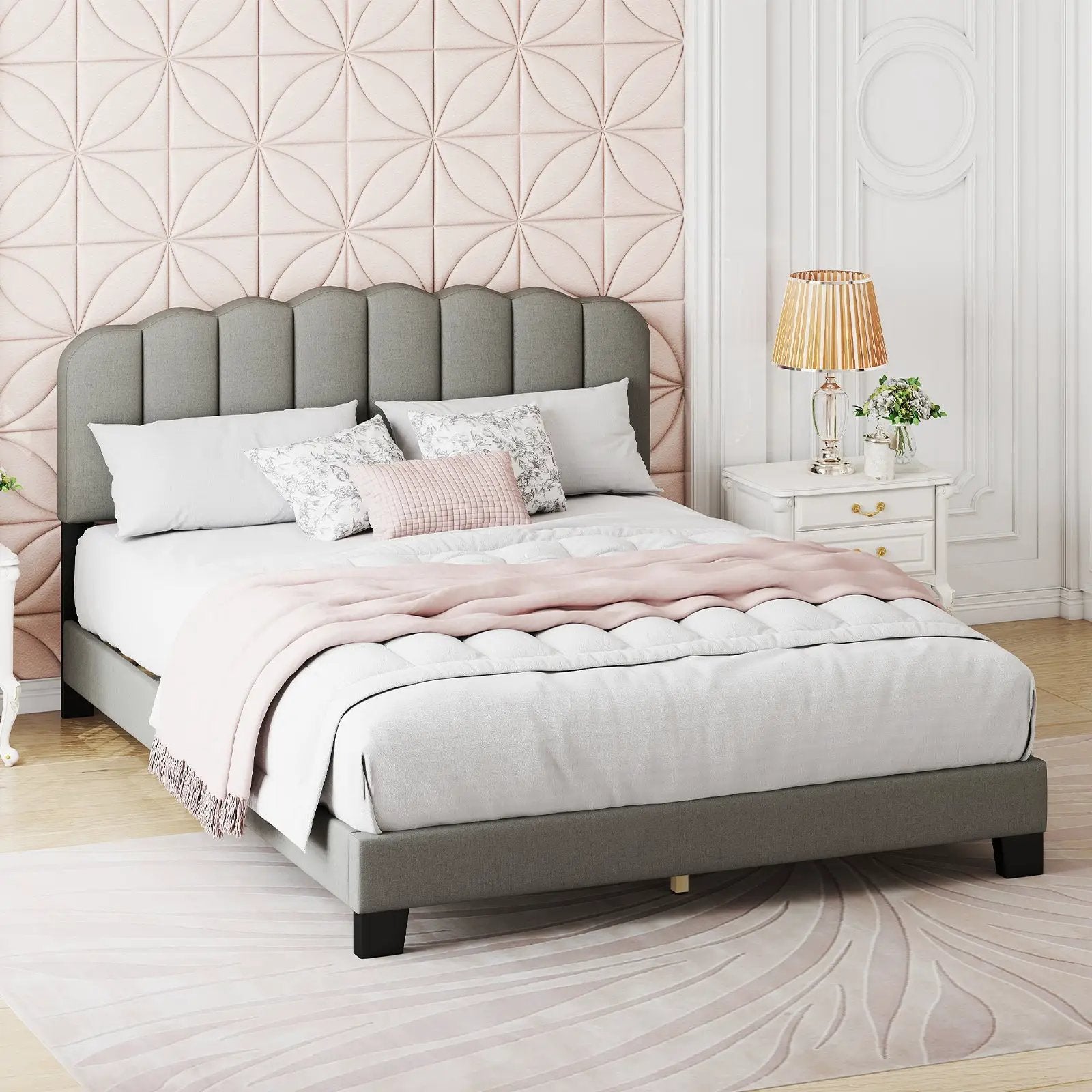 Queen Size Bed Frame with Adjustable Scalloped Tufted Headboard-Queen Size by DirectDeals