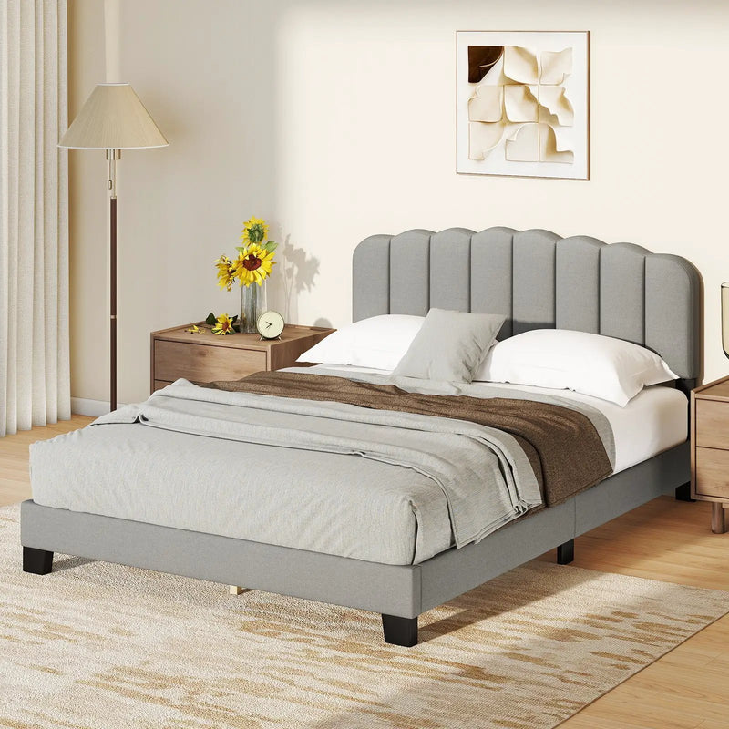 Queen Size Bed Frame with Adjustable Scalloped Tufted Headboard-Queen Size by DirectDeals