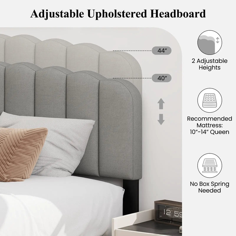 Queen Size Bed Frame with Adjustable Scalloped Tufted Headboard-Queen Size by DirectDeals