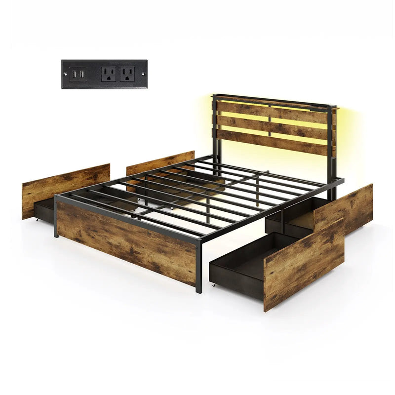 Full/Queen/Twin Size Bed Frame with Drawers LED Lights and USB Ports by DirectDeals