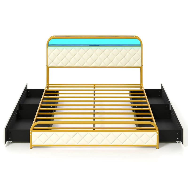 Twin/Full/Queen Size Bed Frame with LED Lights and Charging Station Gold by DirectDeals