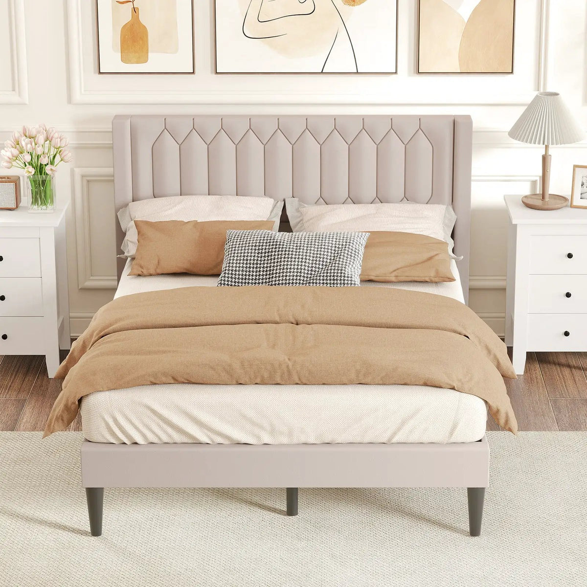 Queen Size Dutch Velvet/Linen Fabric Upholstered Platform Bed with Wingback Headboard and Wooden Slat Support by DirectDeals