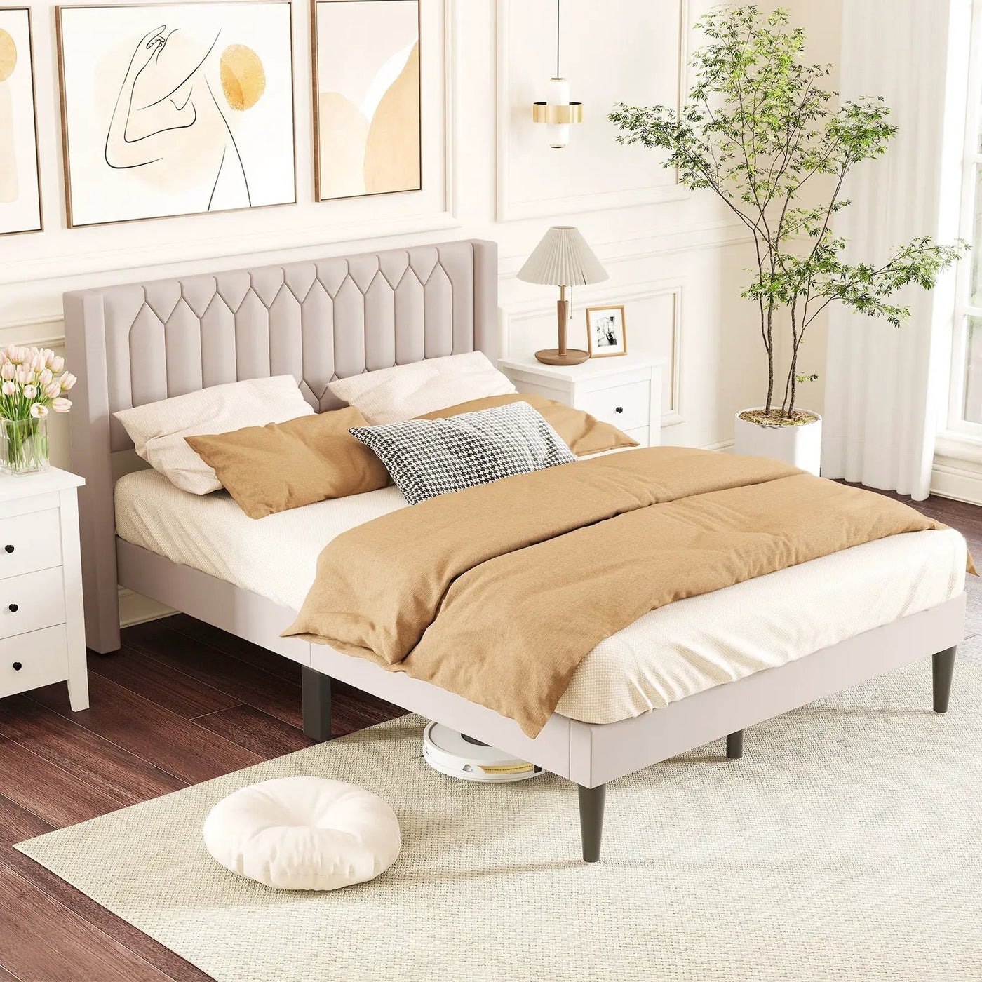 Queen Size Dutch Velvet/Linen Fabric Upholstered Platform Bed with Wingback Headboard and Wooden Slat Support by DirectDeals
