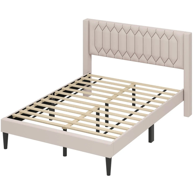 Queen Size Dutch Velvet/Linen Fabric Upholstered Platform Bed with Wingback Headboard and Wooden Slat Support by DirectDeals