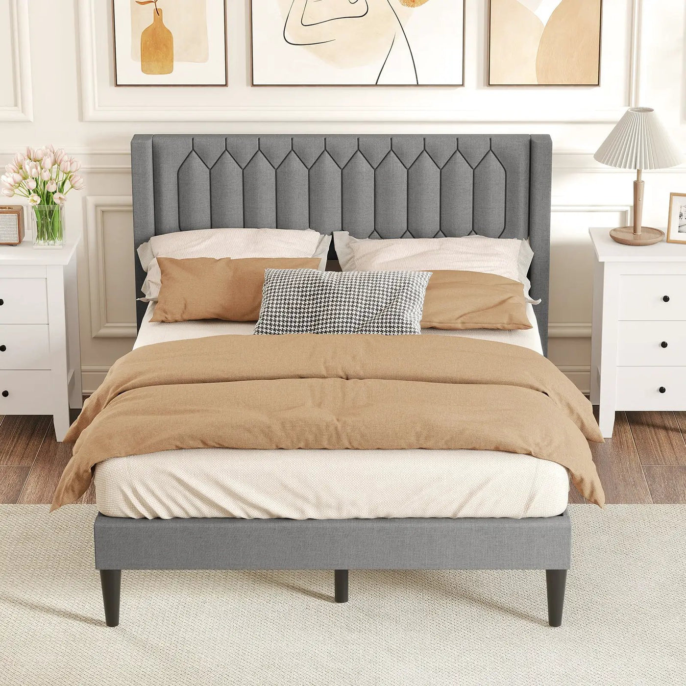Queen Size Dutch Velvet/Linen Fabric Upholstered Platform Bed with Wingback Headboard and Wooden Slat Support by DirectDeals