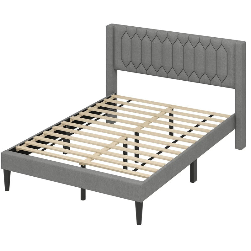 Queen Size Dutch Velvet/Linen Fabric Upholstered Platform Bed with Wingback Headboard and Wooden Slat Support by DirectDeals