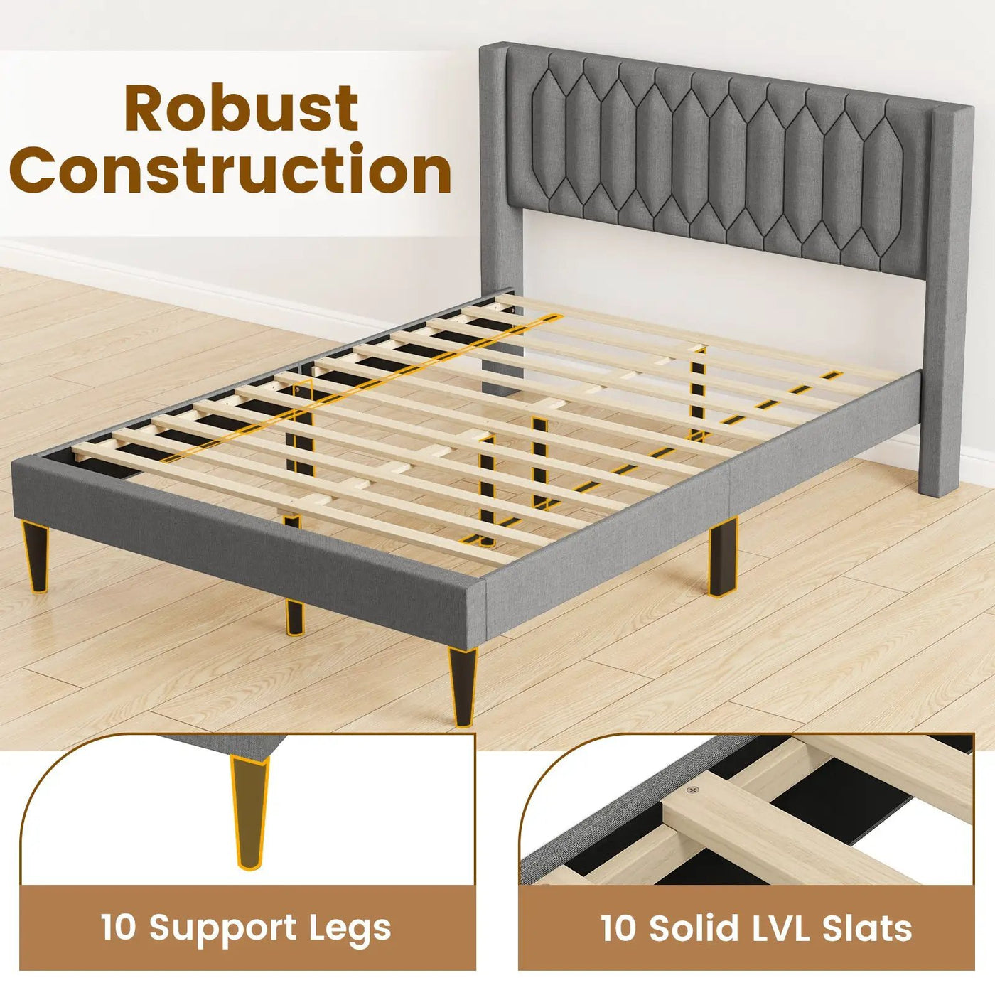 Queen Size Dutch Velvet/Linen Fabric Upholstered Platform Bed with Wingback Headboard and Wooden Slat Support by DirectDeals