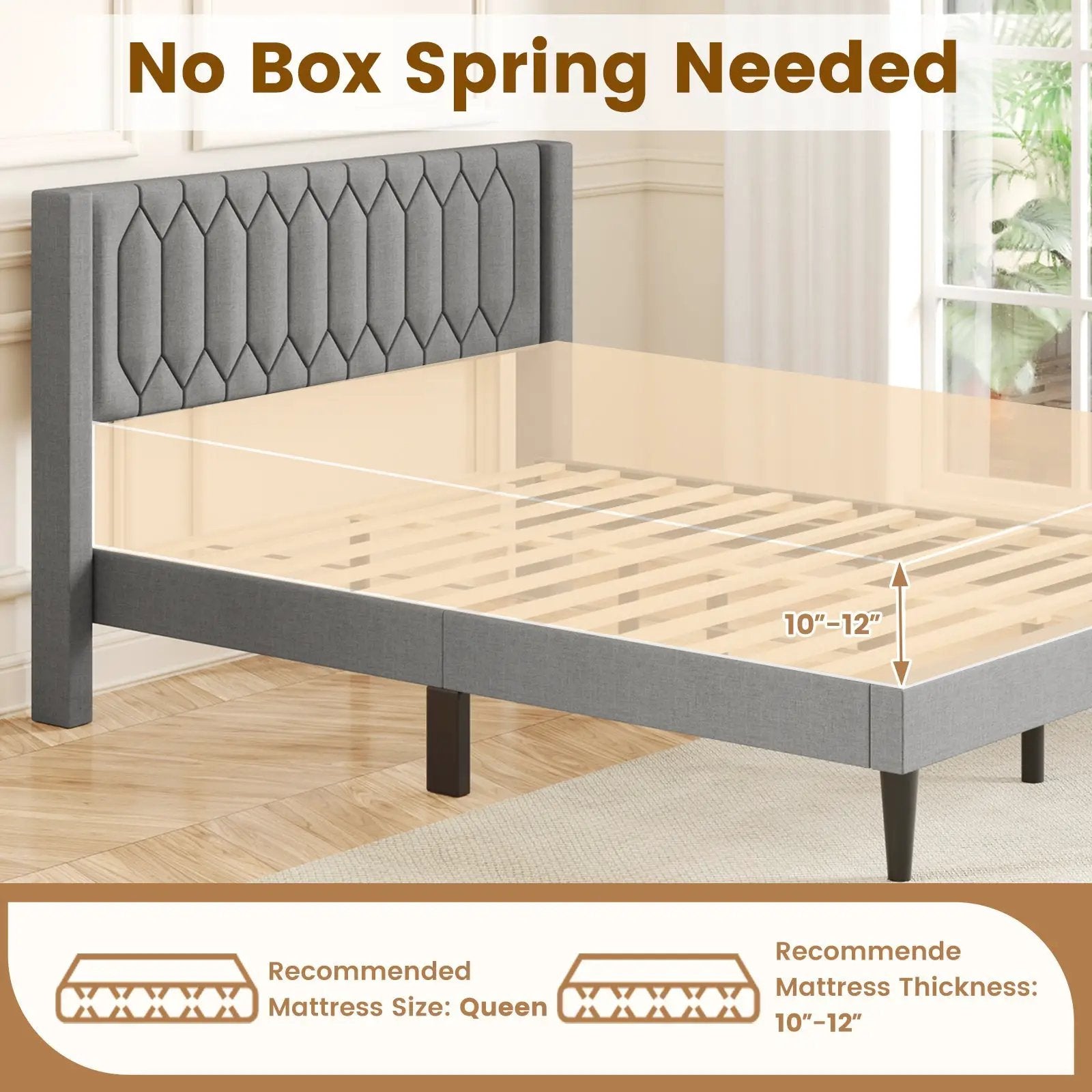 Queen Size Dutch Velvet/Linen Fabric Upholstered Platform Bed with Wingback Headboard and Wooden Slat Support by DirectDeals