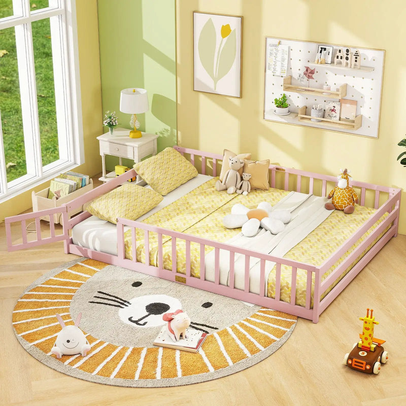 Queen Size Floor Bed Kids Montessori Bed Frame with Full Length Safety Guardrails by DirectDeals